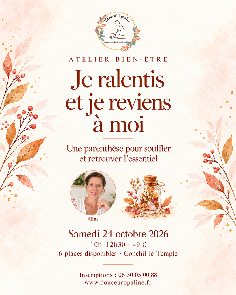 Atelier bien-être aux teintes d’automne Affiche de l’atelier bien-être à Conchil-le-Temple « Je ralentis et je reviens à moi », le 24 octobre 2026.