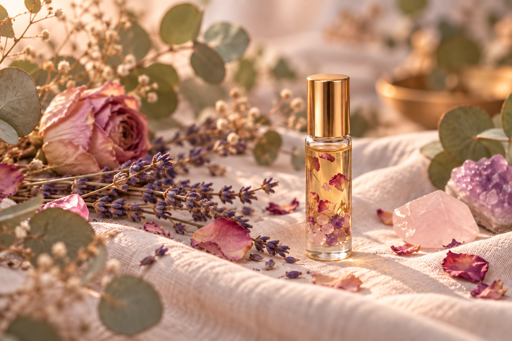 Illustration d’un roll-on contenant des pétales et des cristaux, entouré de fleurs.