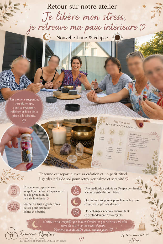 Atelier Douceur Opaline - conchil le temple Souvenir d’un atelier chez Douceur Opaline : participantes, fioles d’intention et bol tibétain.